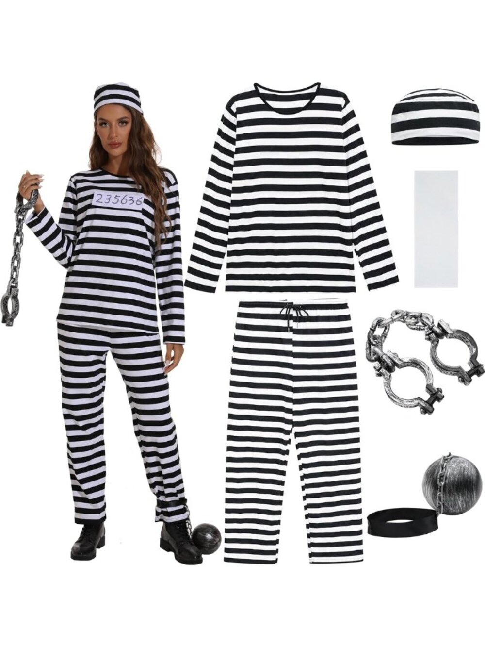 Women's Jailbird Halloween Costume - Adult Convict Jumpsuit Outfit, Prisoner Set